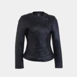 Women Round Necked Black Leather Jacket