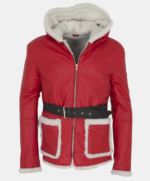 Santa Leather Coat | Christmas Costume Red Hooded Jacket