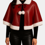 Christmas Women’s Leather Jacket Cape: Red White Santa Style Handmade Jacket