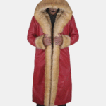 Handmade Santa Leather Coat: Red Christmas Trench with Faux Fur Trim