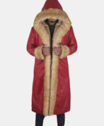Handmade Santa Leather Coat: Red Christmas Trench with Faux Fur Trim