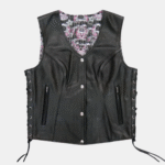 Sugar Skull Lined Black Leather Vest