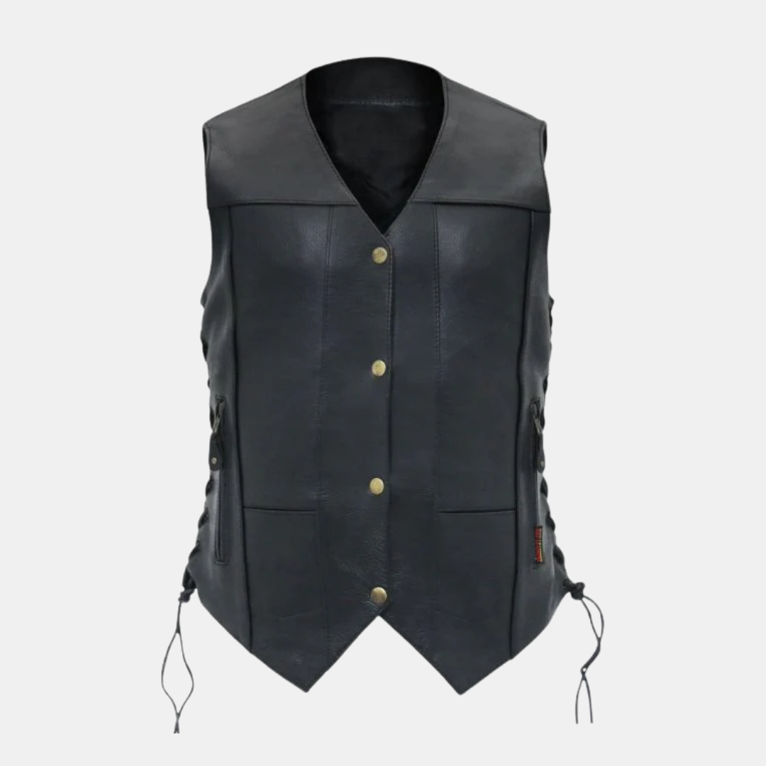 2_43f2c83e-6d2f-4b62-86a3-e0934150efbe Ladies Black Motorcycle Ten Pocket Leather Biker Vest - Image 1