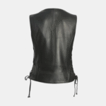 Womens Motorcycle Black Leather Zipper Vest - Image 2