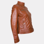 Women Classic Motorcycle Brown Leather Jacket - Image 2