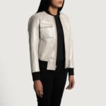Lana Silver Leather Bomber Jacket - Image 3