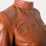 Women Classic Motorcycle Brown Leather Jacket - Image 3