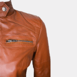 Women Classic Motorcycle Brown Leather Jacket - Image 4
