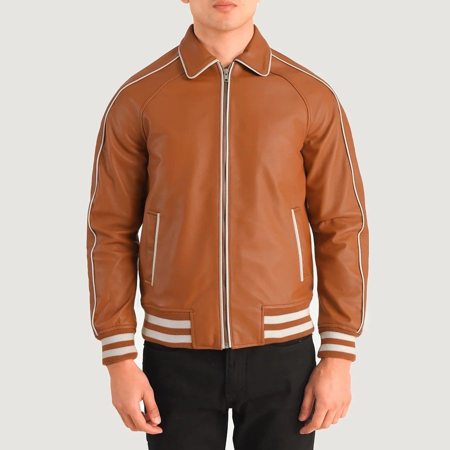 4_f89921ce-43df-4398-b1cc-4c5a11c50f19 Cooper Tan Brown Leather Varsity Jacket - Image 1