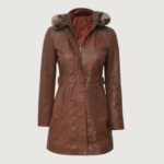 Womens Zipper Button Brown Leather Long Coat - Image 2