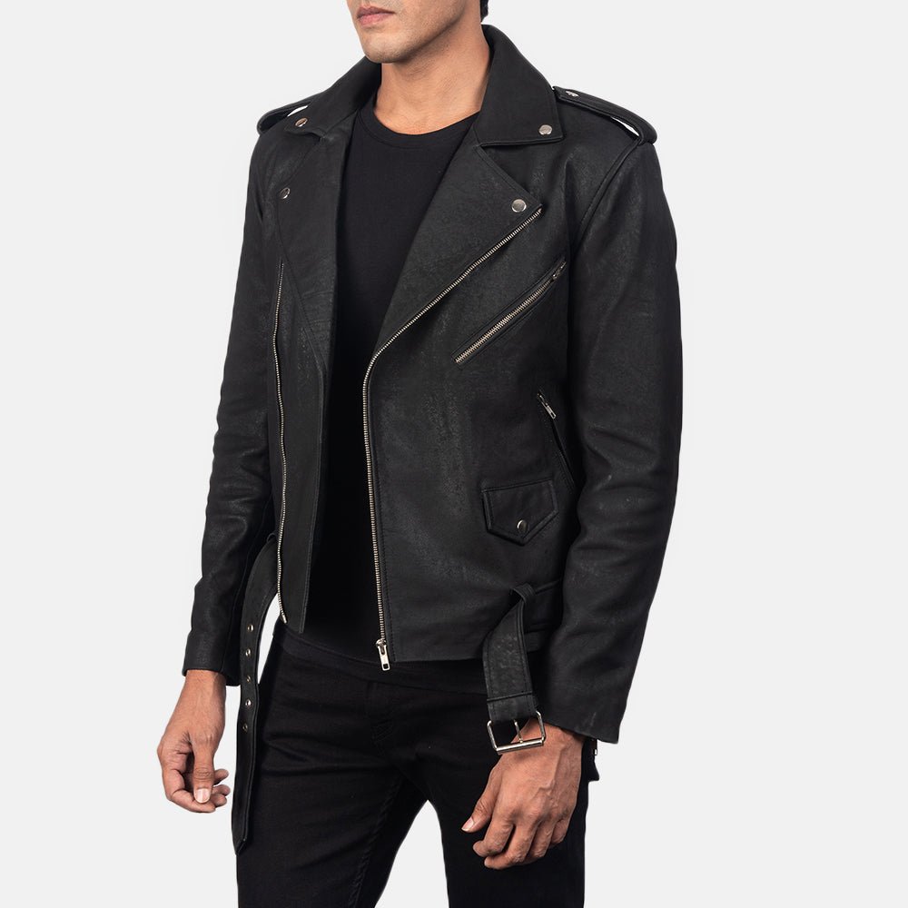Allaric Alley Distressed Black Leather Biker Jacket - Image 2