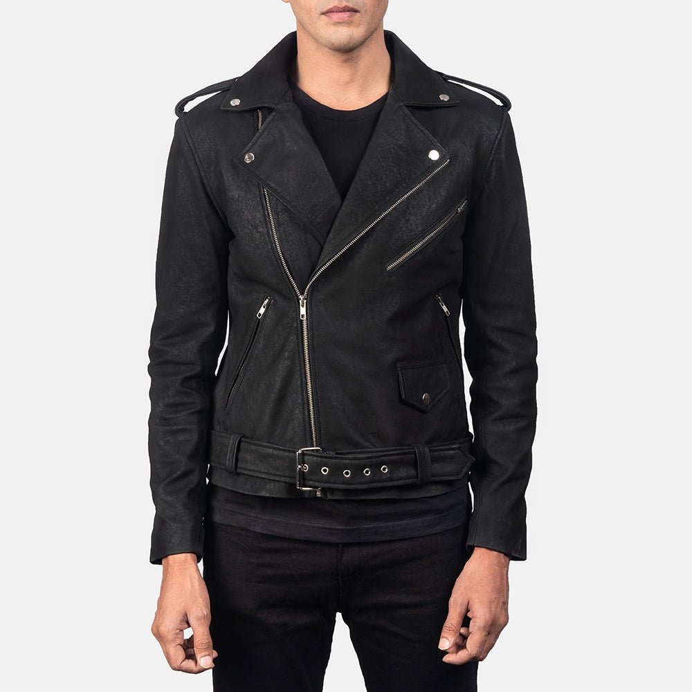 Allaric Alley Distressed Black Leather Biker Jacket - Image 3