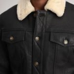 Dallis Distressed Black Leather Shearling Trucker Jacket - Image 6