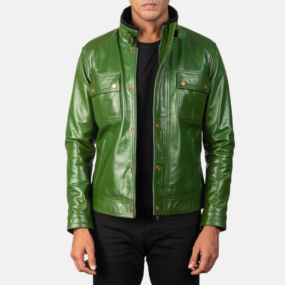 Darren Distressed Green Leather Biker Jacket - Image 1