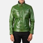 Darren Distressed Green Leather Biker Jacket - Image 3