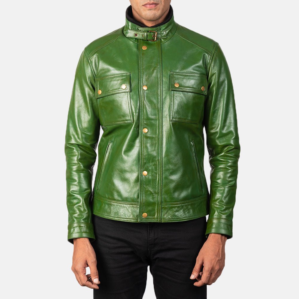 Darren Distressed Green Leather Biker Jacket - Image 3