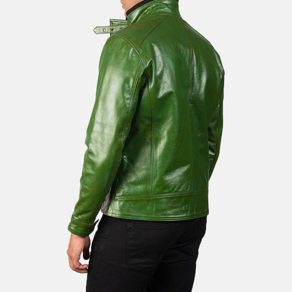 Darren Distressed Green Leather Biker Jacket - Image 5