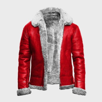 Holiday Christmas Red Bomber Aviator Jacket | Fur Collar Genuine Leather Jacket