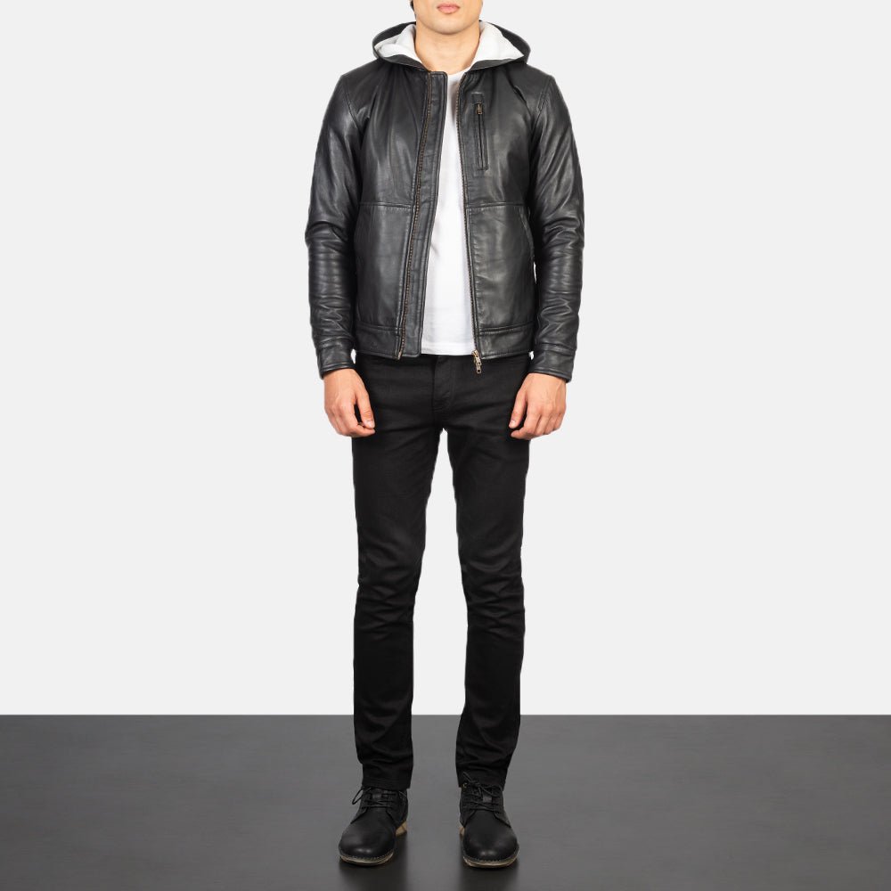 Baston Black Hooded Leather Bomber Jacket - Image 3