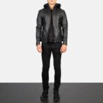 Hector Black Hooded Leather Biker Jacket - Image 3
