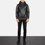 Kenton Hooded Black Leather Pullover Jacket - Image 3