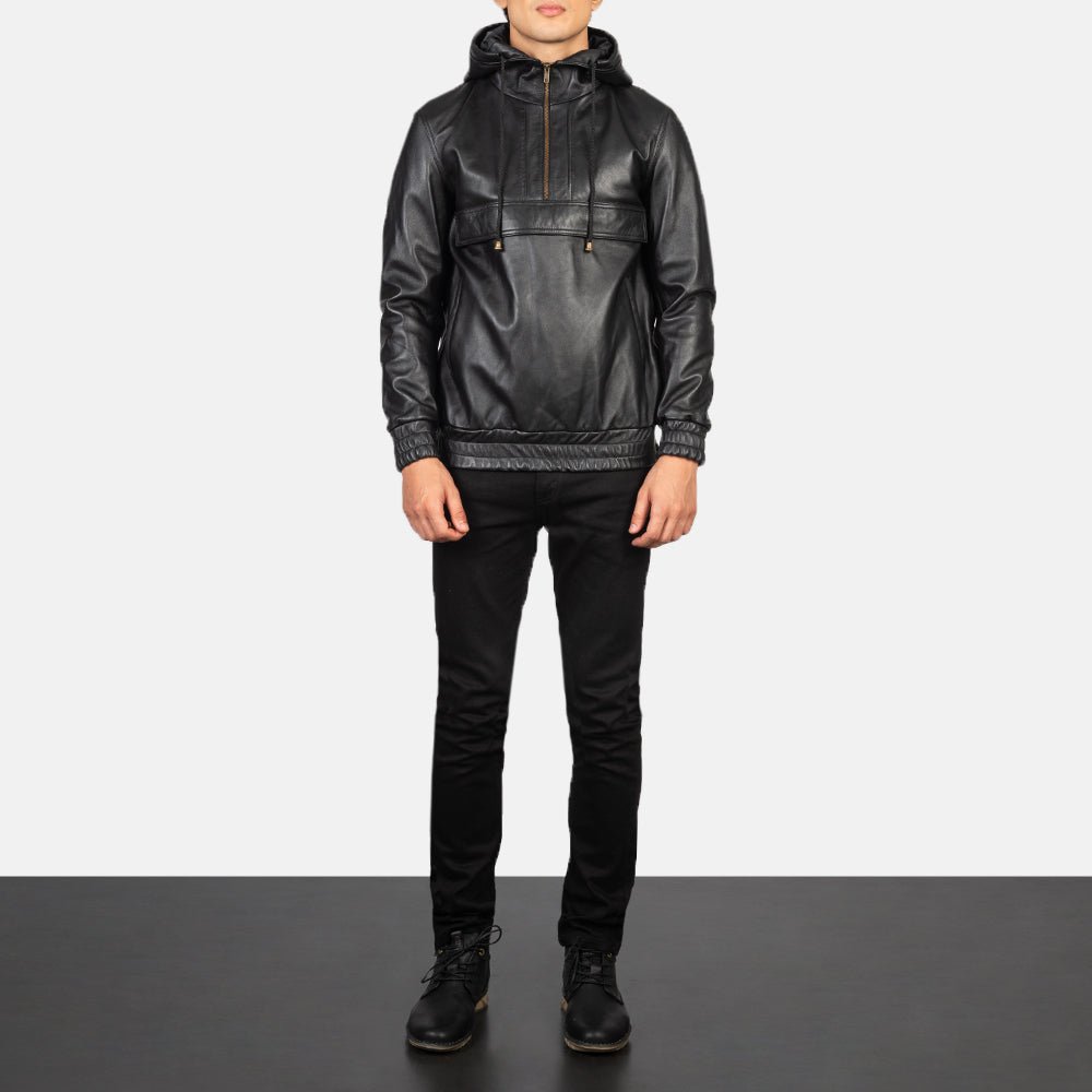 Kenton Hooded Black Leather Pullover Jacket - Image 3