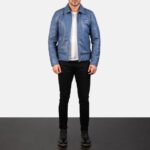 Lavendard Blue Leather Biker Jacket - Image 4