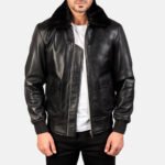 Zipper Black Leather Bomber Jacket