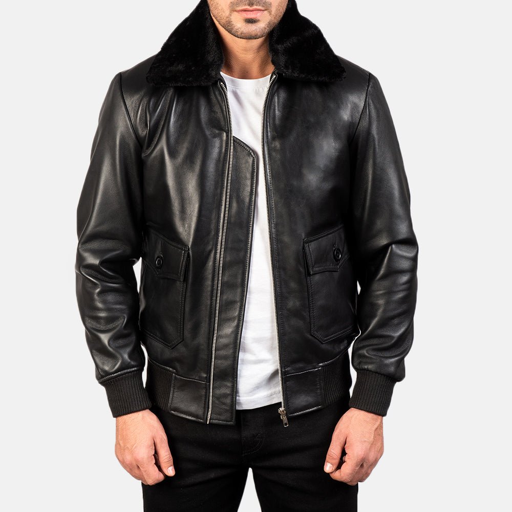 Men_s_Airin_G-1_Black_White_Leather_Bomber_Jacket8011-4-1578913403680_155560cc-2425-4cdf-aba0-8eadbb3c2eec Zipper Black Leather Bomber Jacket - Image 1