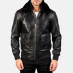Zipper Black Leather Bomber Jacket - Image 3