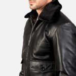 Zipper Black Leather Bomber Jacket - Image 4
