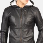Baston Black Hooded Leather Bomber Jacket - Image 6