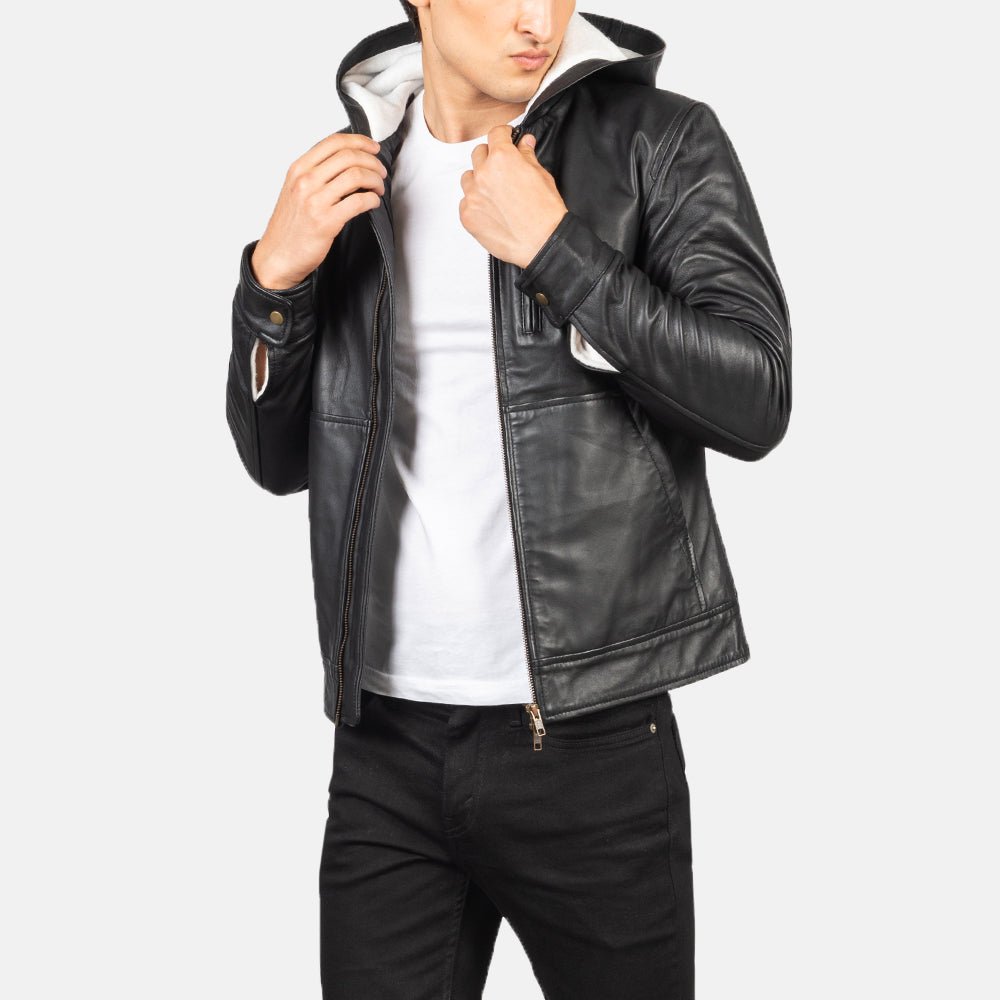 Baston Black Hooded Leather Bomber Jacket - Image 1