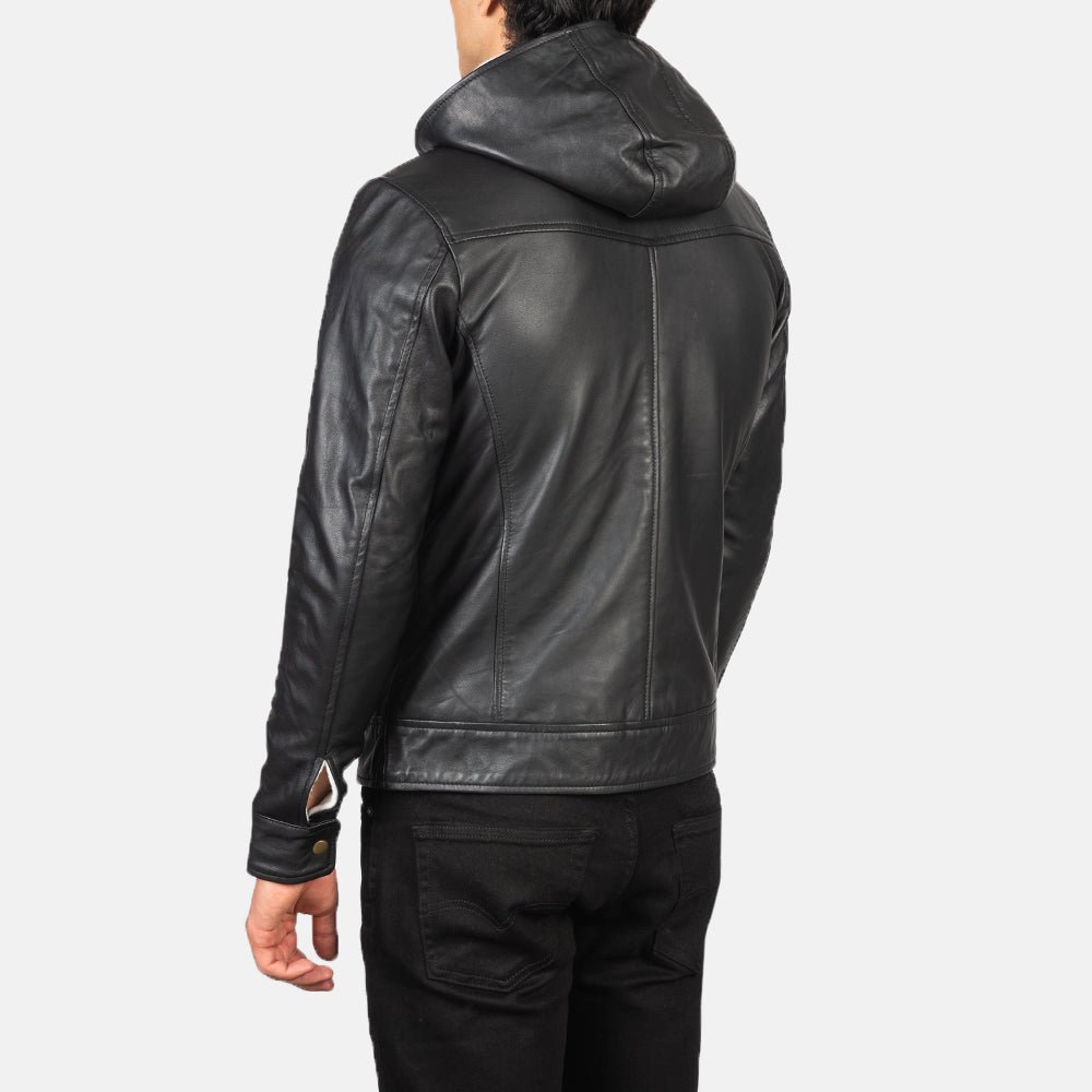 Baston Black Hooded Leather Bomber Jacket - Image 5