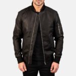 Distressed Black Leather Bomber Jacket