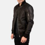 Distressed Black Leather Bomber Jacket - Image 3