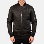 Distressed Black Leather Bomber Jacket - Image 5