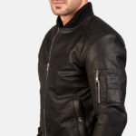 Distressed Black Leather Bomber Jacket - Image 4