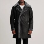 Charles Distressed Black Leather Shearling Double-Breasted Coat