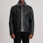 Dallis Black Leather Shearling Trucker Jacket