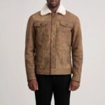 Dallis Distressed Brown Leather Shearling Trucker Jacket - Image 4