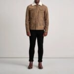 Dallis Distressed Brown Leather Shearling Trucker Jacket - Image 3