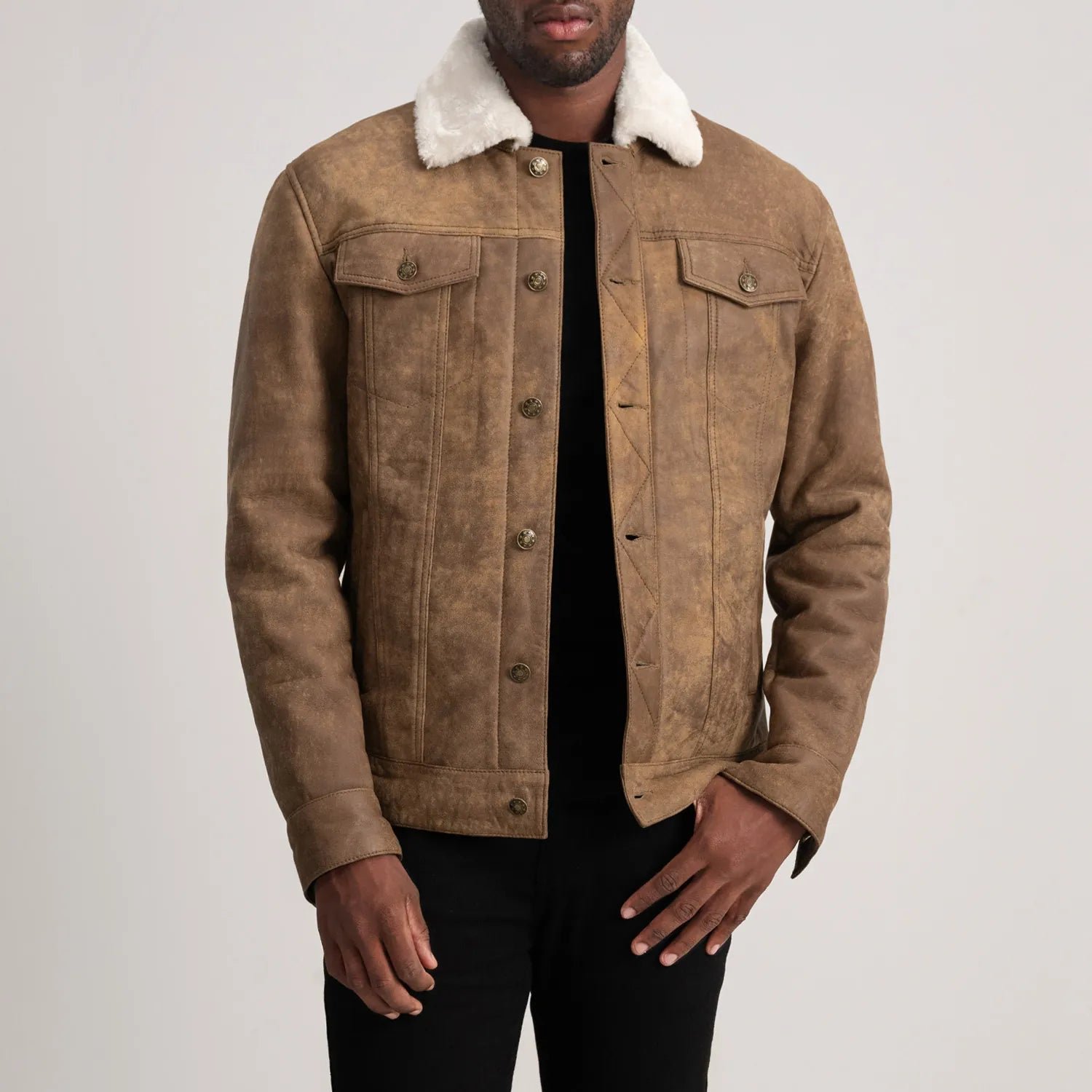 Men_s_Dallis_Snuffed_Brown_Shearling_Trucker_Jacket_Open_Front-4-1733736400956 Dallis Distressed Brown Leather Shearling Trucker Jacket - Image 1