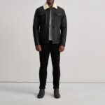 Dallis Distressed Black Leather Shearling Trucker Jacket - Image 3