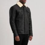 Dallis Distressed Black Leather Shearling Trucker Jacket - Image 2