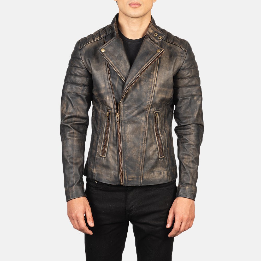 Faisor Distressed Brown Leather Biker Jacket - Image 1