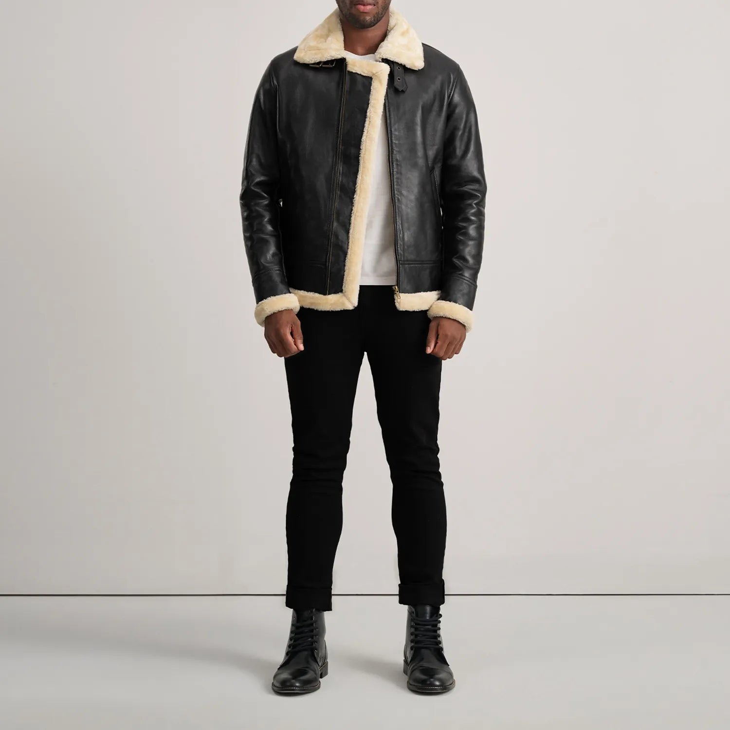 Francis B-3 Black & Cream Leather Bomber Jacket - Image 3