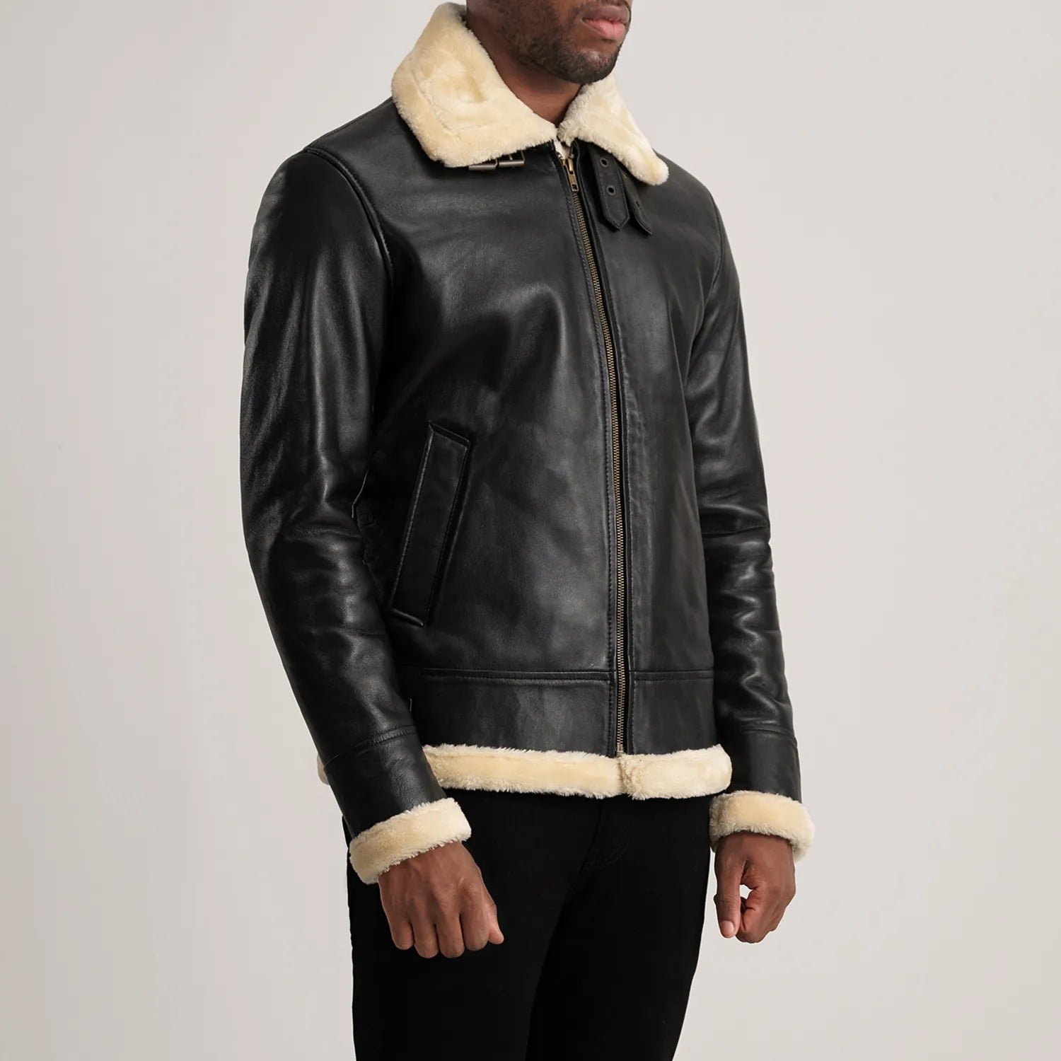 Francis B-3 Black & Cream Leather Bomber Jacket - Image 2