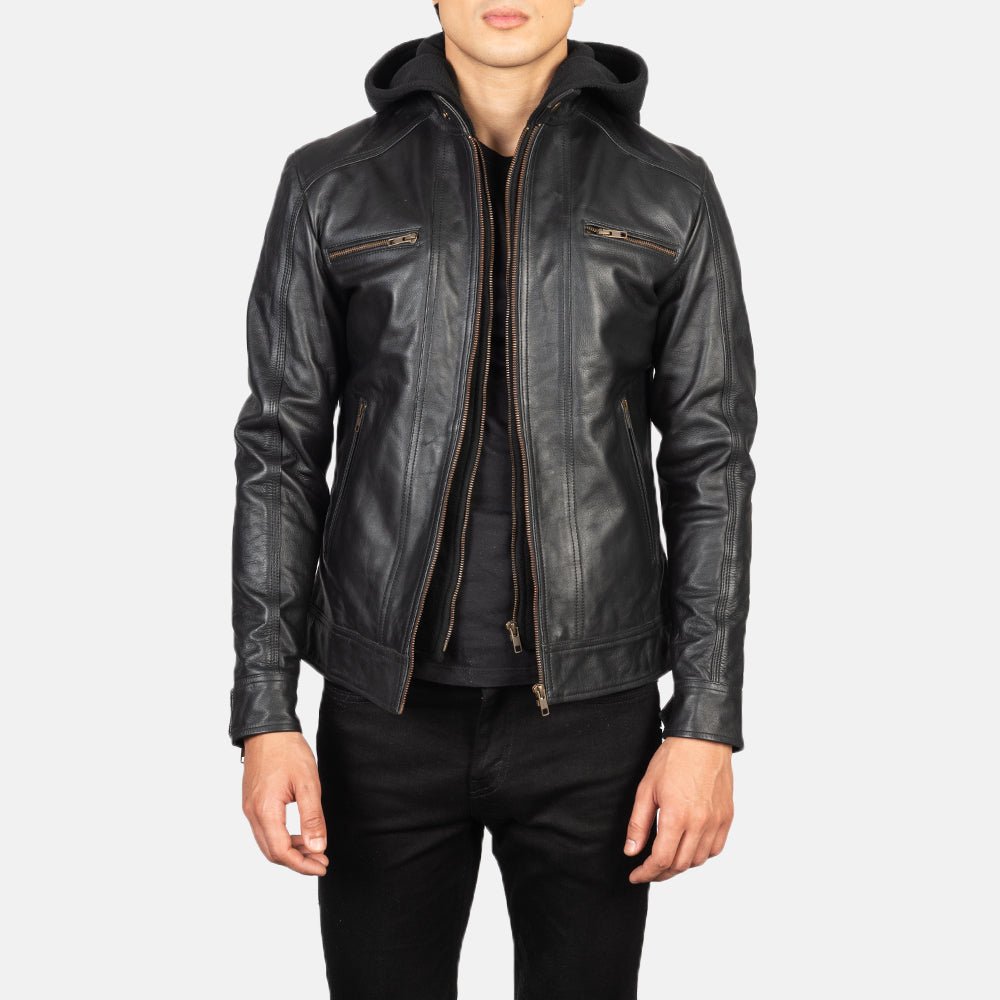 Men_s_Hector_Black_Hooded_Leather_Biker_Jacket_Close_Front_c940573a-f798-4526-a211-a3a6fdb14cb5 Hector Black Hooded Leather Biker Jacket - Image 1