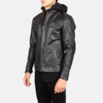 Hector Black Hooded Leather Biker Jacket - Image 2